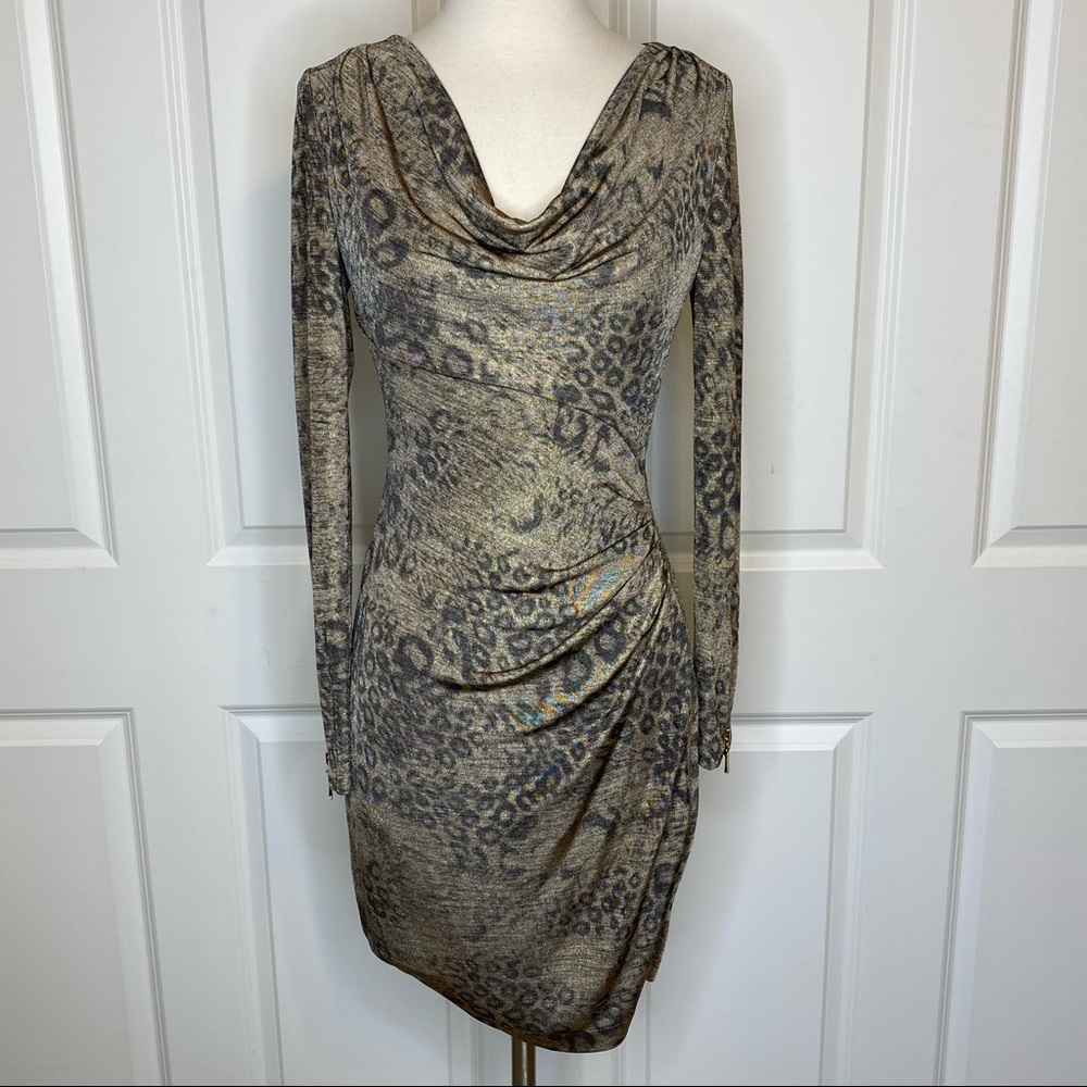 Cache Leopard Ruched Zipper Detail Dress Small Go… - image 2